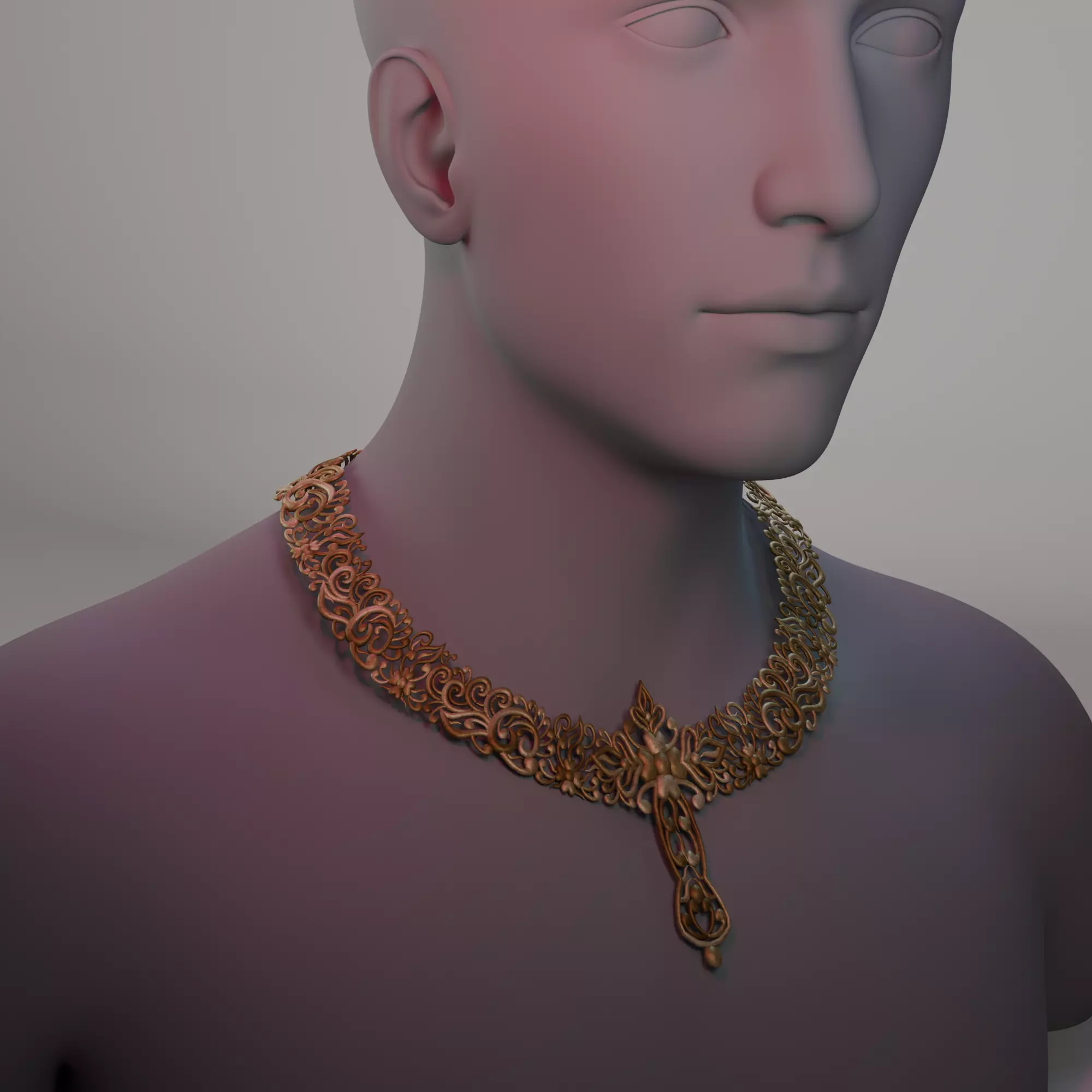 Intricate Filigree Gold Necklace with Floral Drop Low-poly 3D model