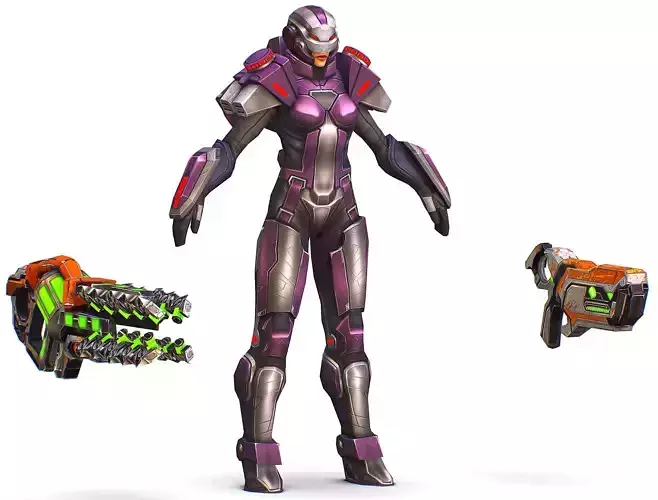 Cartoon Sci-Fi Cyborg Drone Heavy Machine Gunner Low-poly 3D model