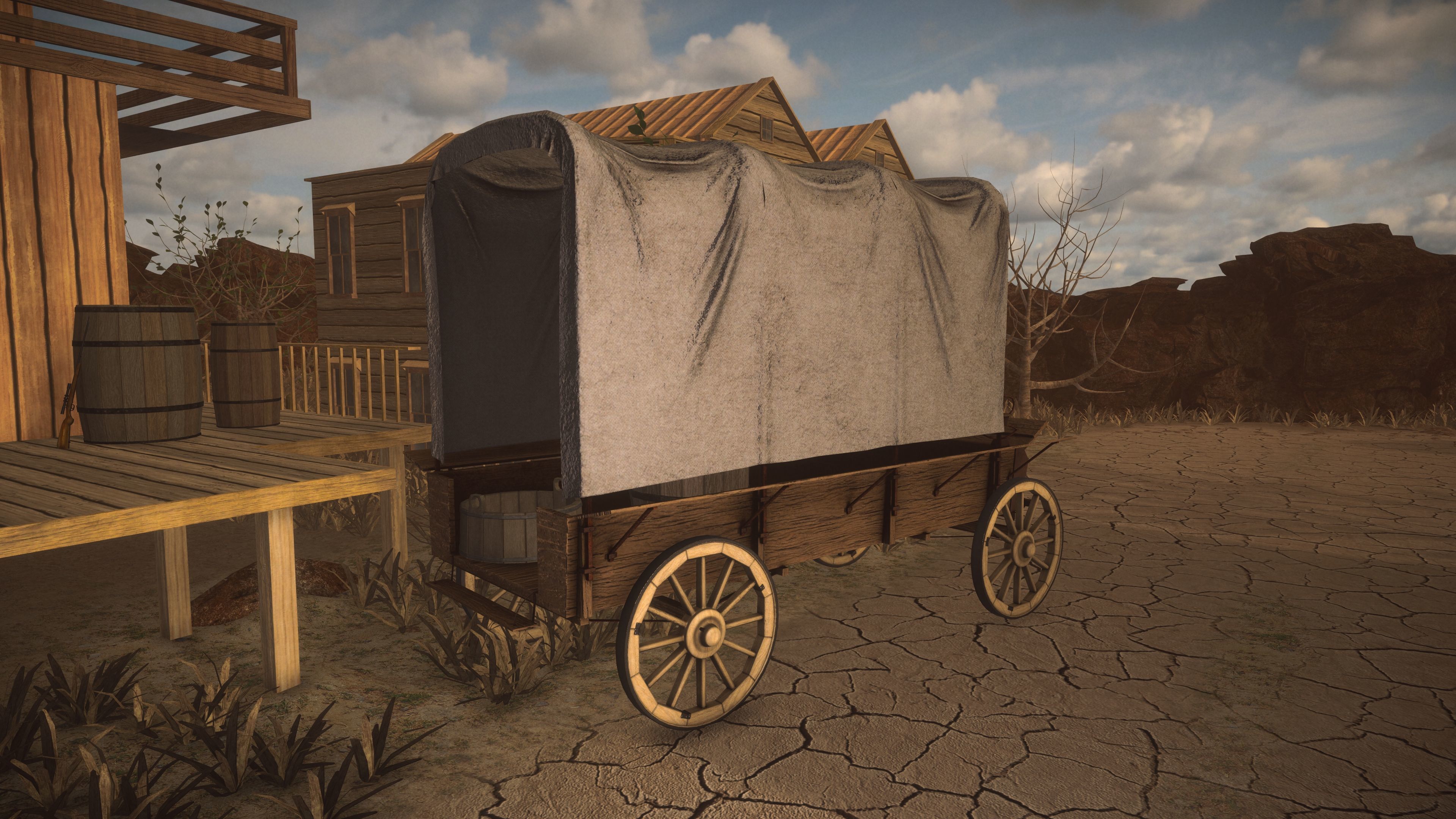 Western Wagon Low-poly 3D model_5