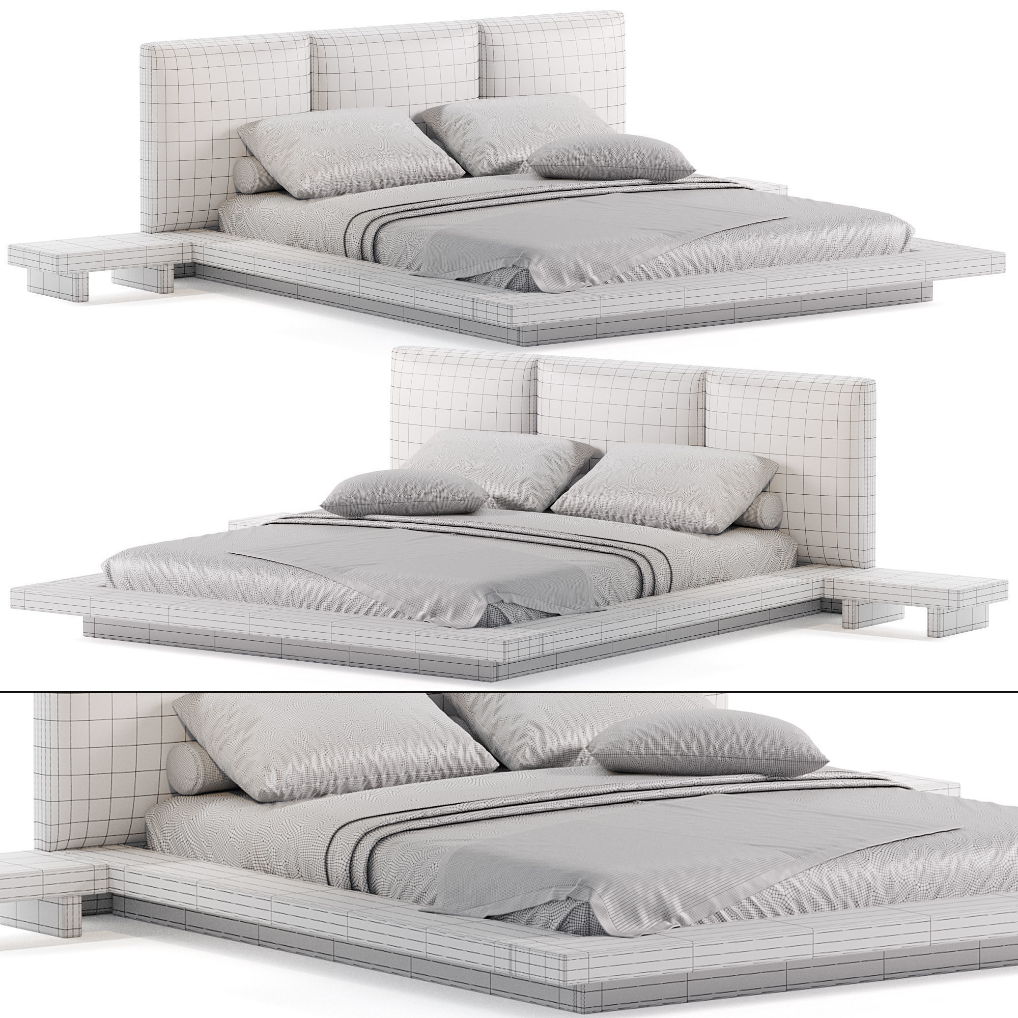 Solid Wood Tufted Upholstered Platform Bed 3D model_5