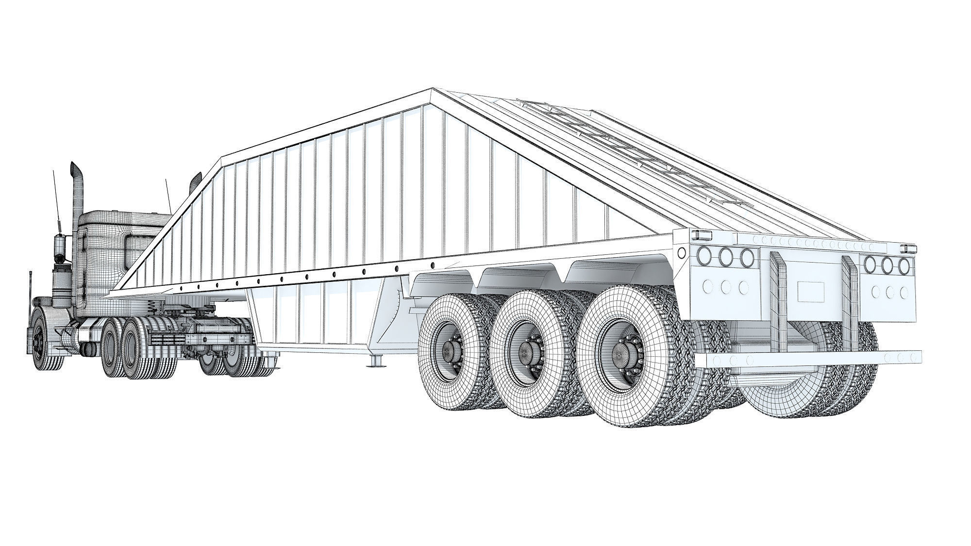 Semi Truck with Bottom Dump Trailer 3D model_17