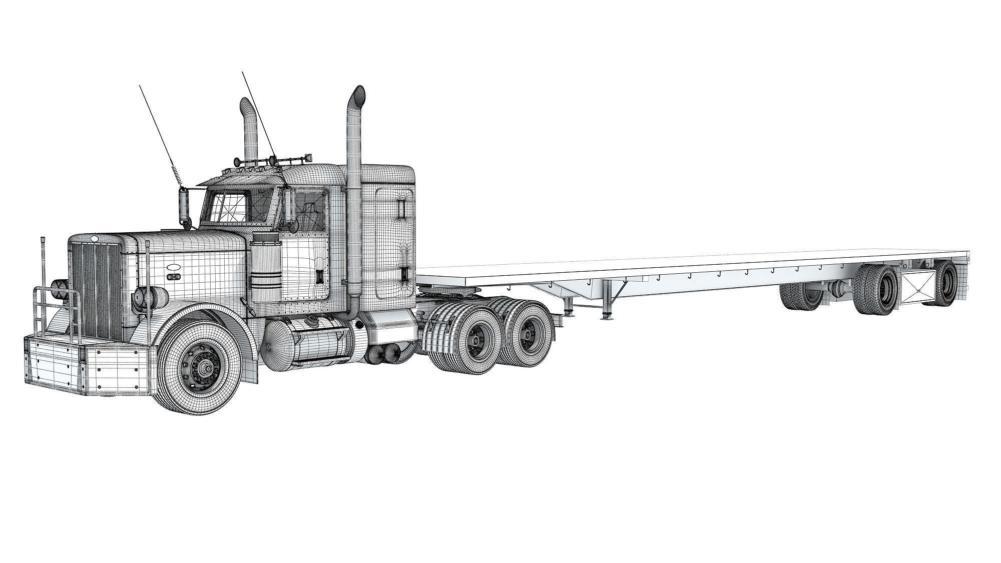 Semi Truck with Flatbed Trailer 3D model_16