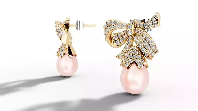 Imperial Diamond Pearl Bow Earrings Luxury CAD Model pe0001