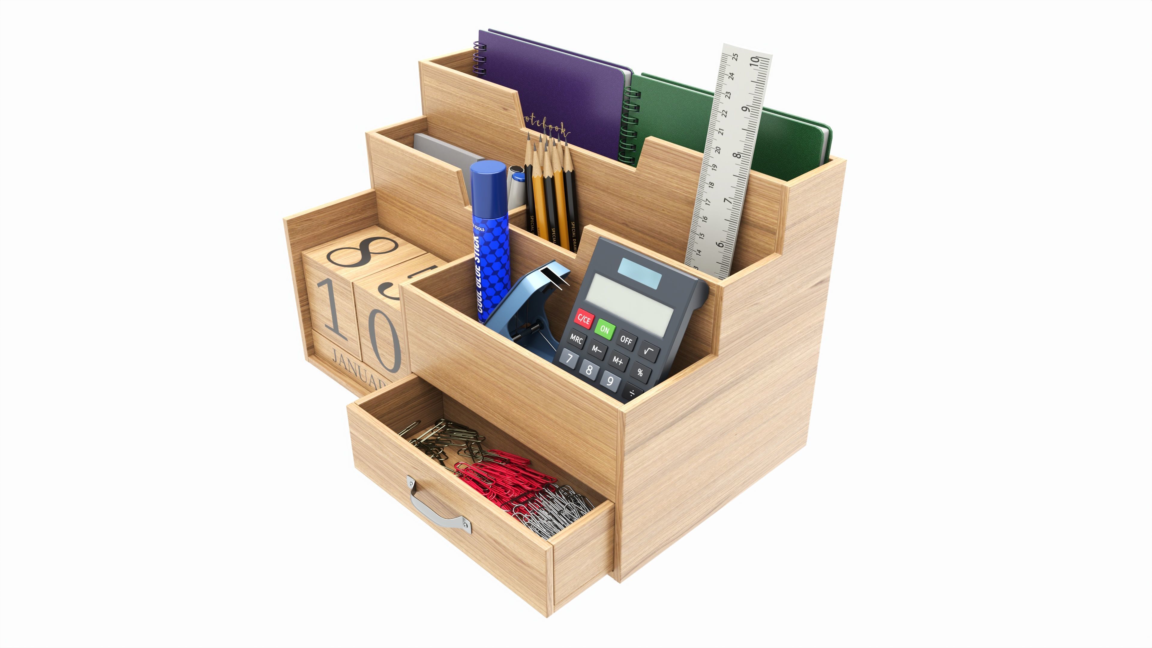 Office Wood Organizer with Supplies 03 3D model_2
