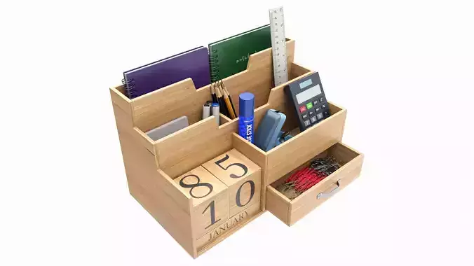 Office Wood Organizer with Supplies 03 3D model