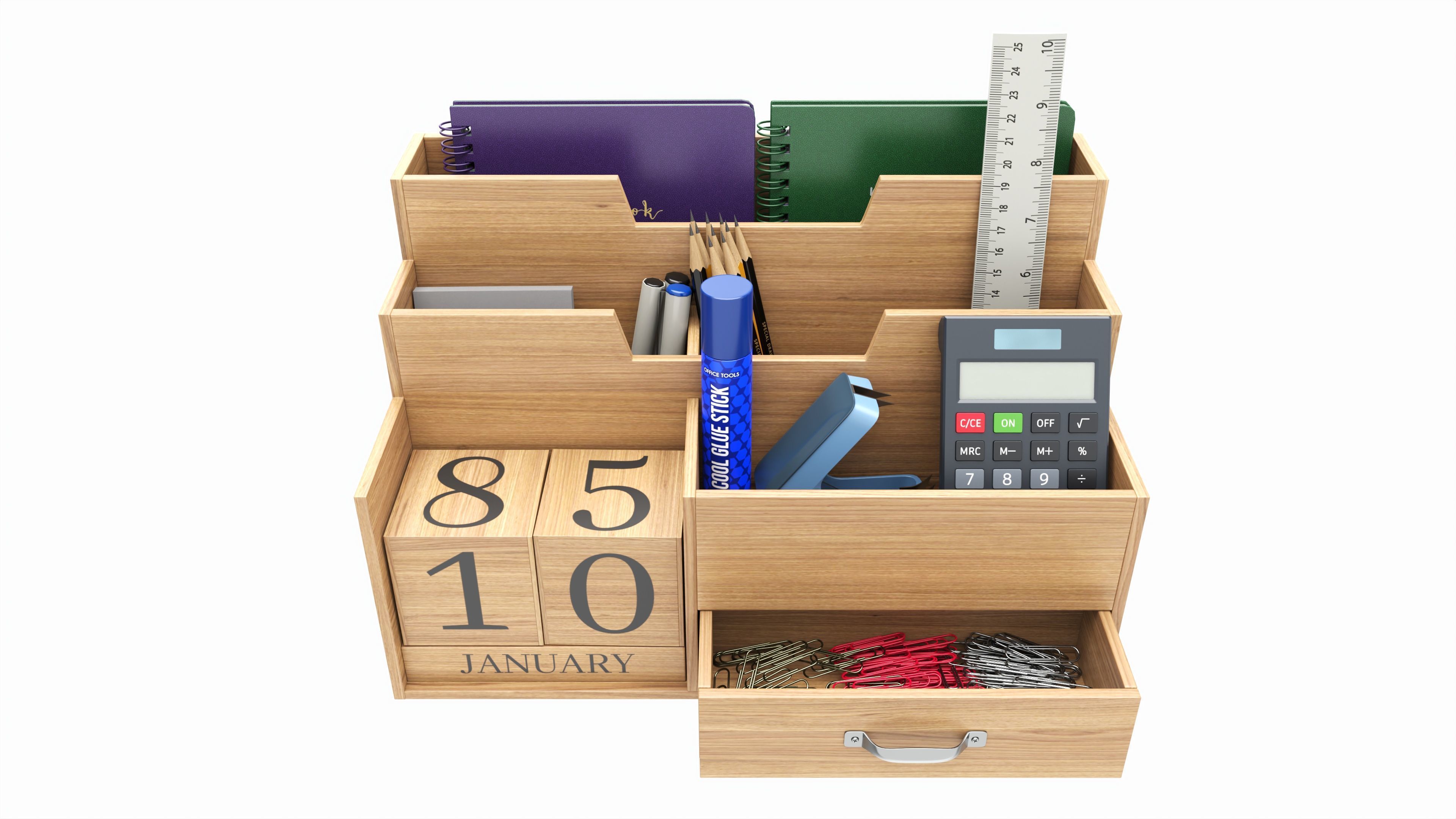 Office Wood Organizer with Supplies 03 3D model_1