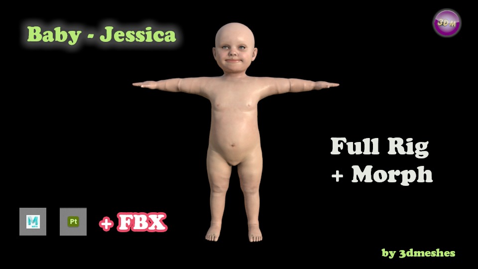 Base Mesh - Baby-Jessica - full rig - PBR lowpoly Low-poly 3D model_1