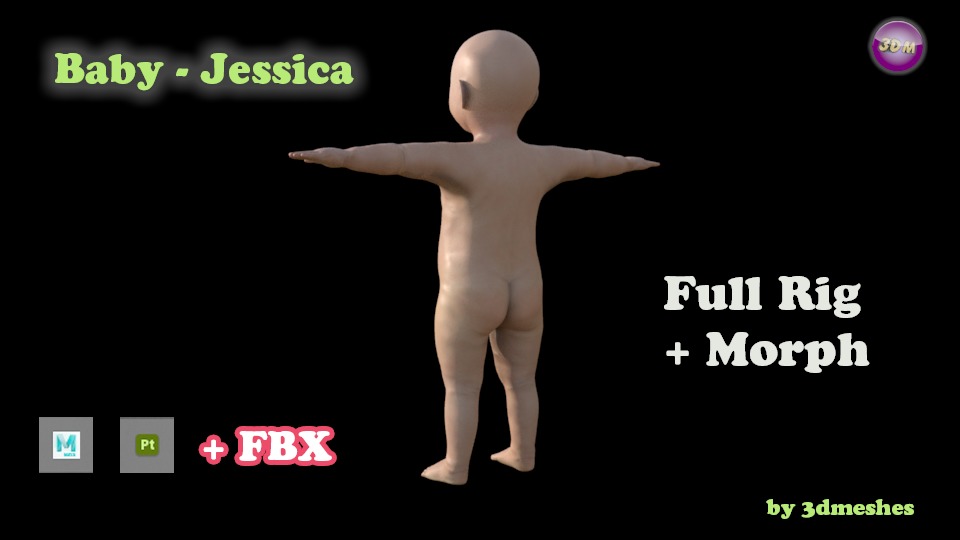 Base Mesh - Baby-Jessica - full rig - PBR lowpoly Low-poly 3D model_2