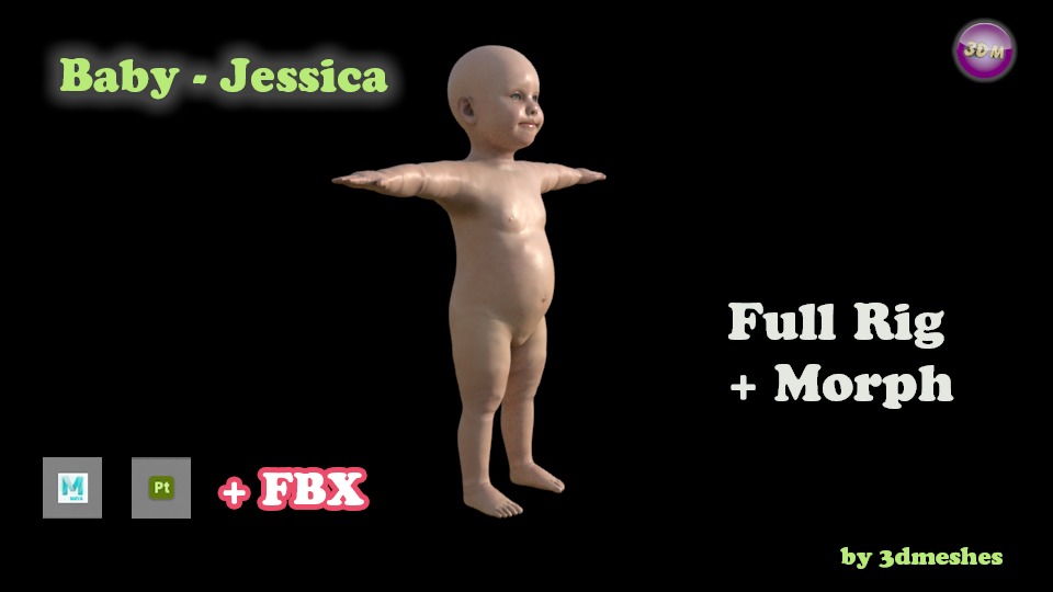 Base Mesh - Baby-Jessica - full rig - PBR lowpoly Low-poly 3D model_3
