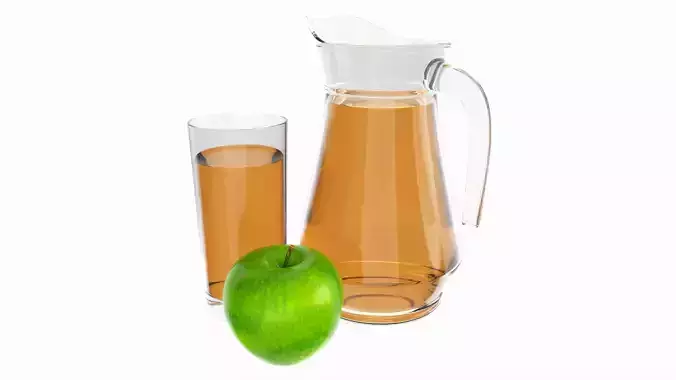 Jug and glass with apple juice and fruit