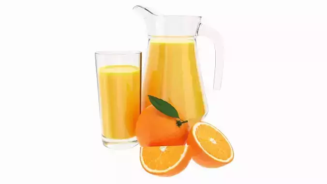 Jug and glass with orange juice and fruit