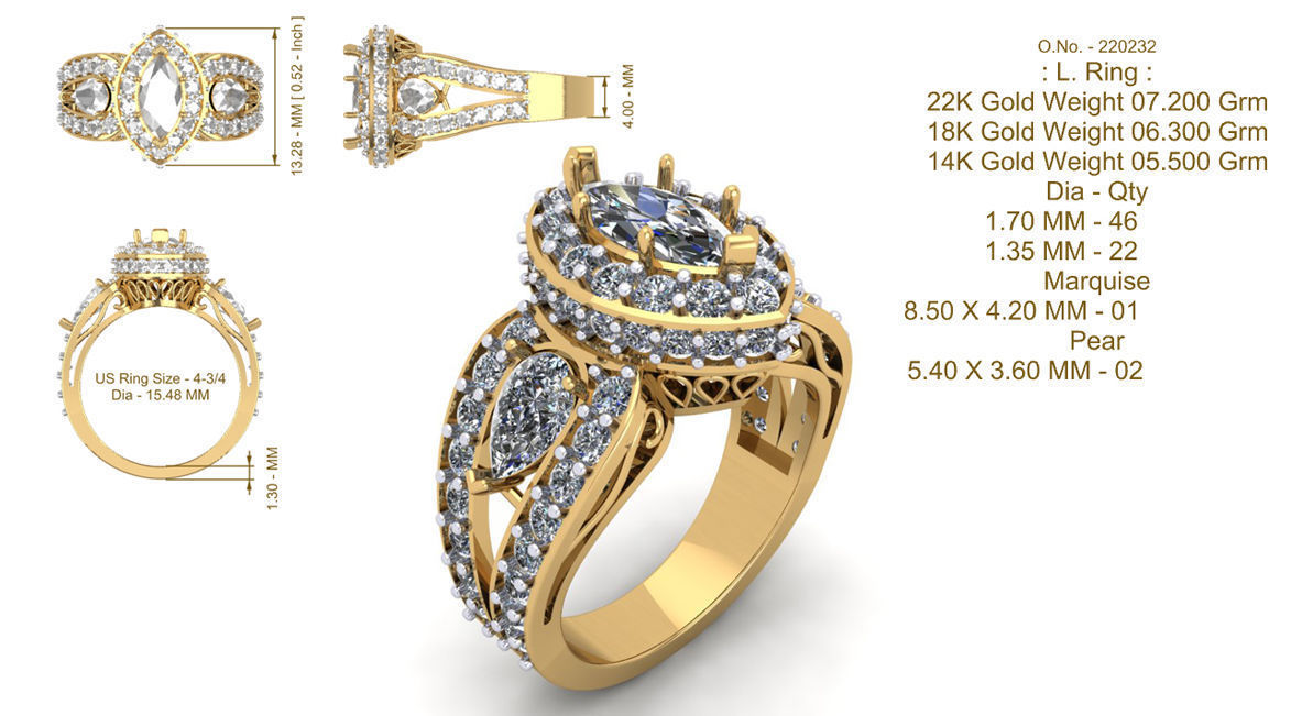 Ladies Ring - Marquise and Pear Diamond 3D print model_4