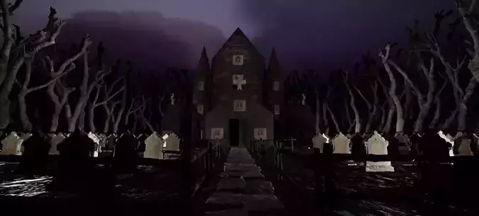 Haunted Church and Graveyard in a Dark Forest