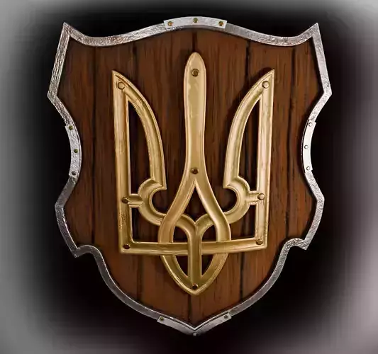 Shield of a warrior with a trident made of gold