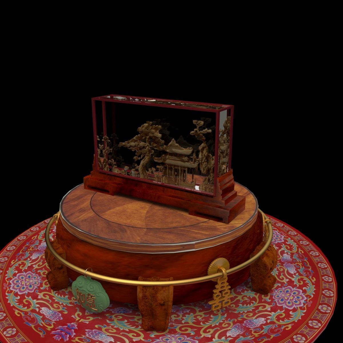 Chinese carved cork display stand  3D model_6