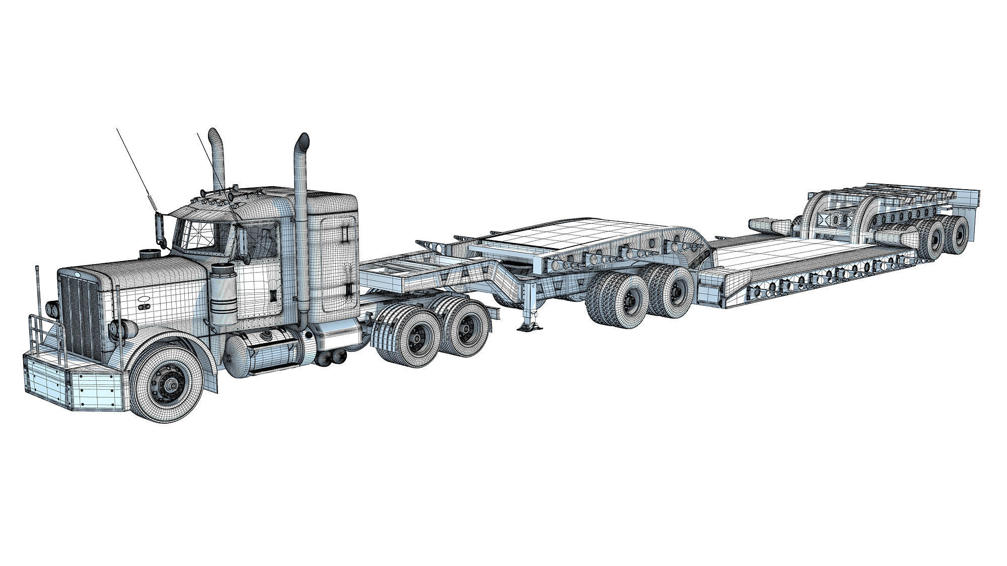 Semi Truck with Lowboy Trailer 3D model_16