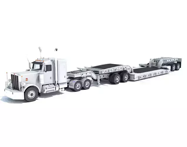 Semi Truck with Lowboy Trailer 3D model