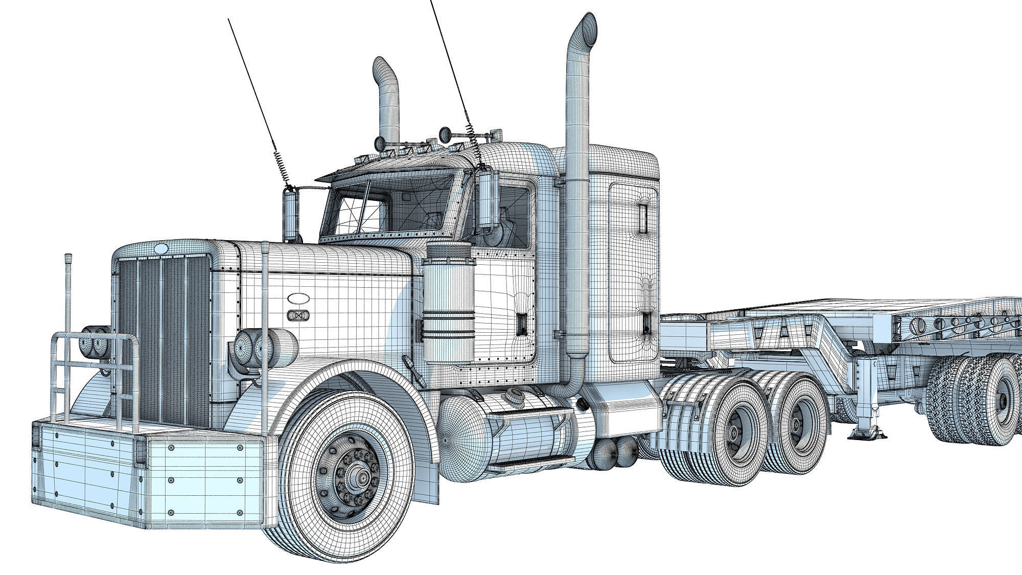 Semi Truck with Lowboy Trailer 3D model_19