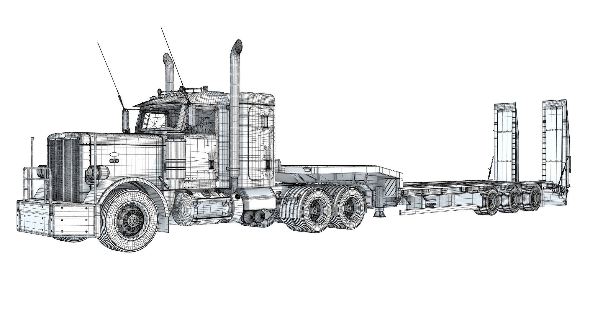 Semi-Truck with Platform Trailer 3D model_16