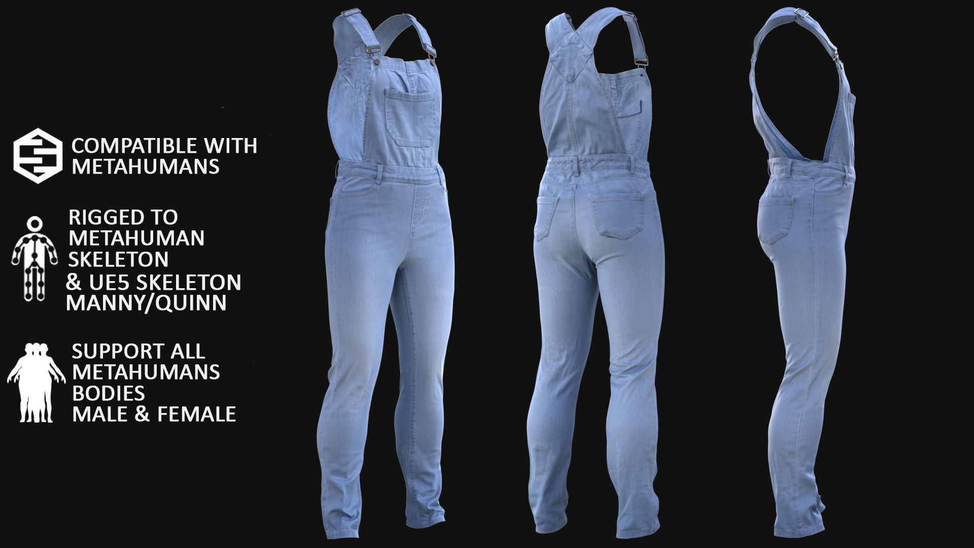 Denim Overalls 97 - All MH Bodies and UE5 Skeletons - Rigged Low-poly 3D model_3