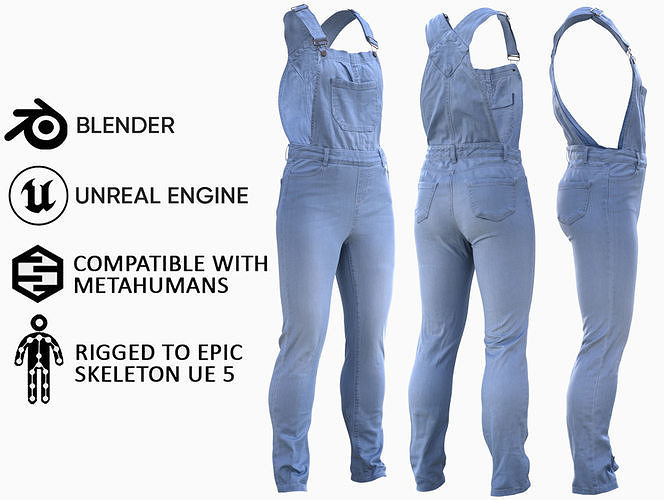 Denim Overalls 97 - All MH Bodies and UE5 Skeletons - Rigged Low-poly 3D model