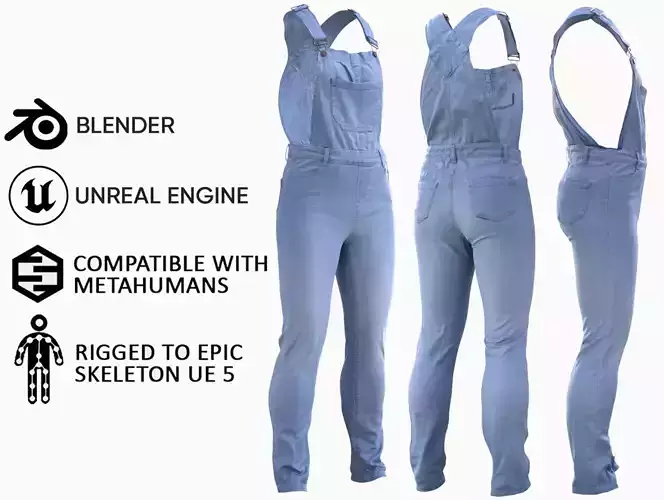 Denim Overalls 97 - All MH Bodies and UE5 Skeletons - Rigged Low-poly 3D model