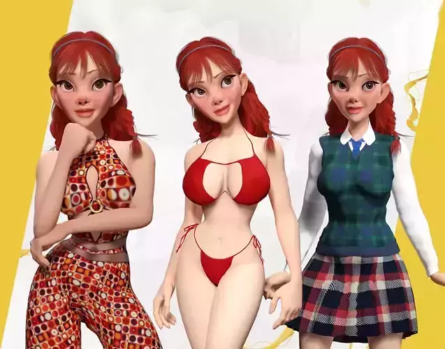 Stylized Girl woman Character Three Outfits 3D Model Collection
