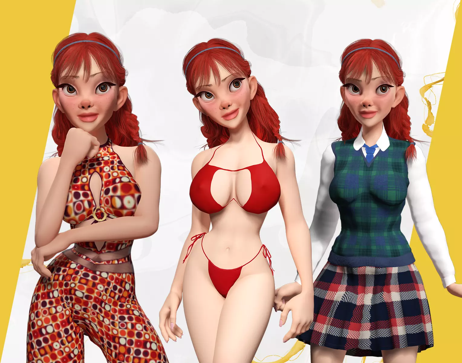 Stylized Girl woman Character Three Outfits 3D Model Collection_0