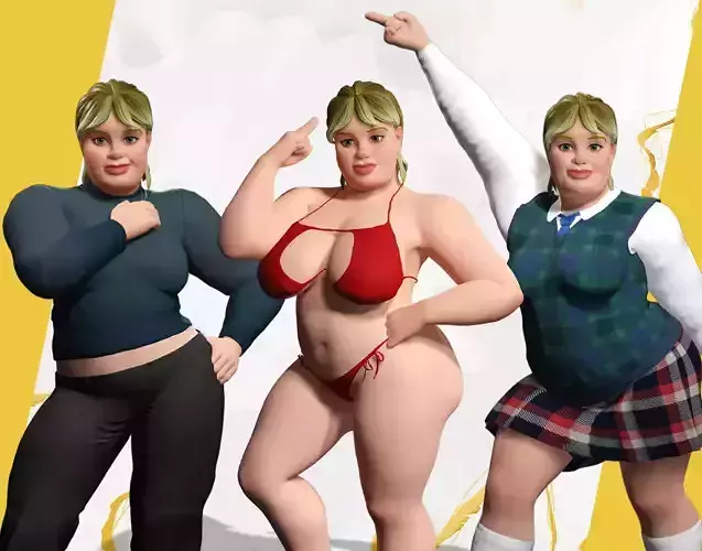 Triple Style Toon fat woman Character Pack teen 3D Model Collection