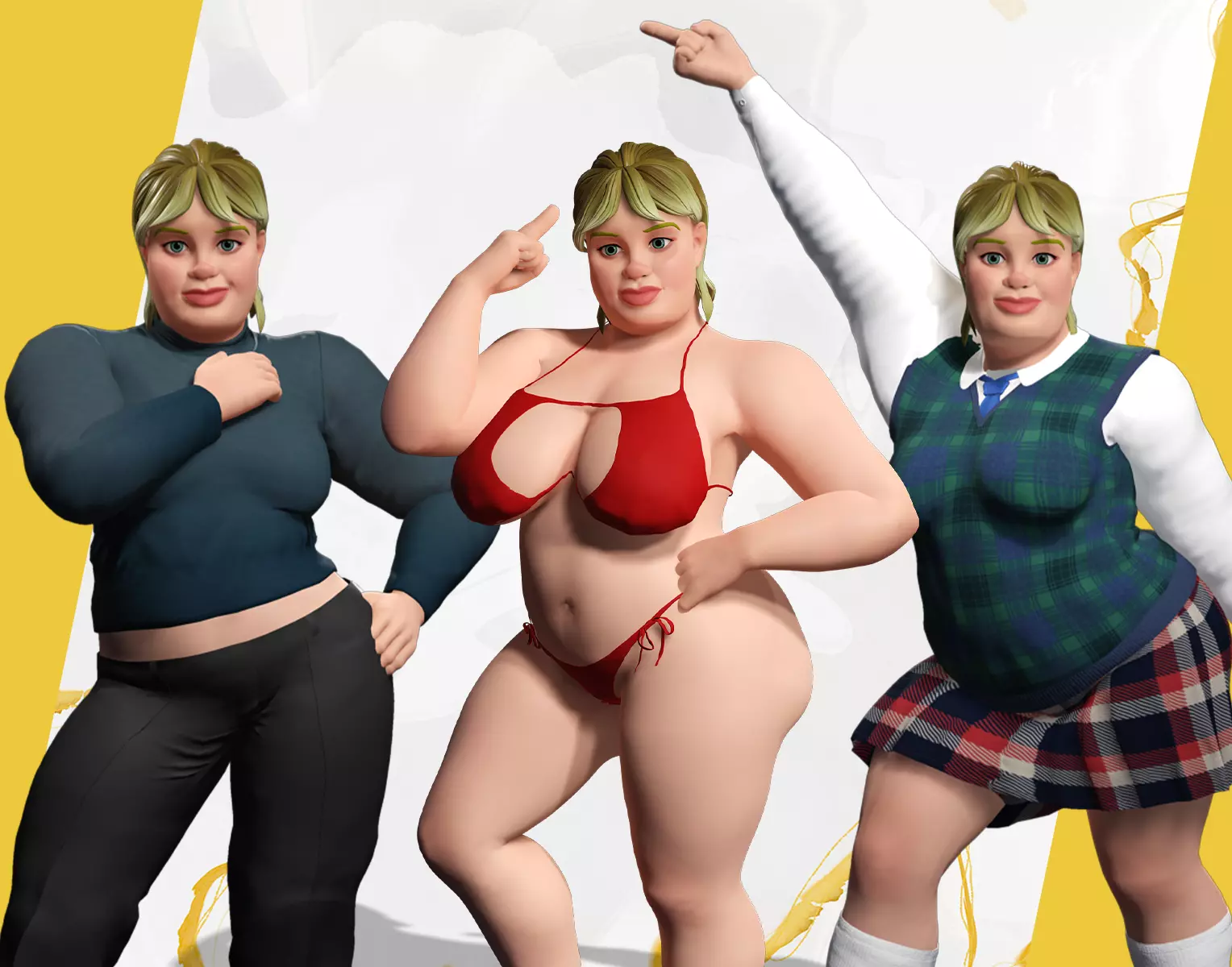 Triple Style Toon fat woman Character Pack teen 3D Model Collection_0