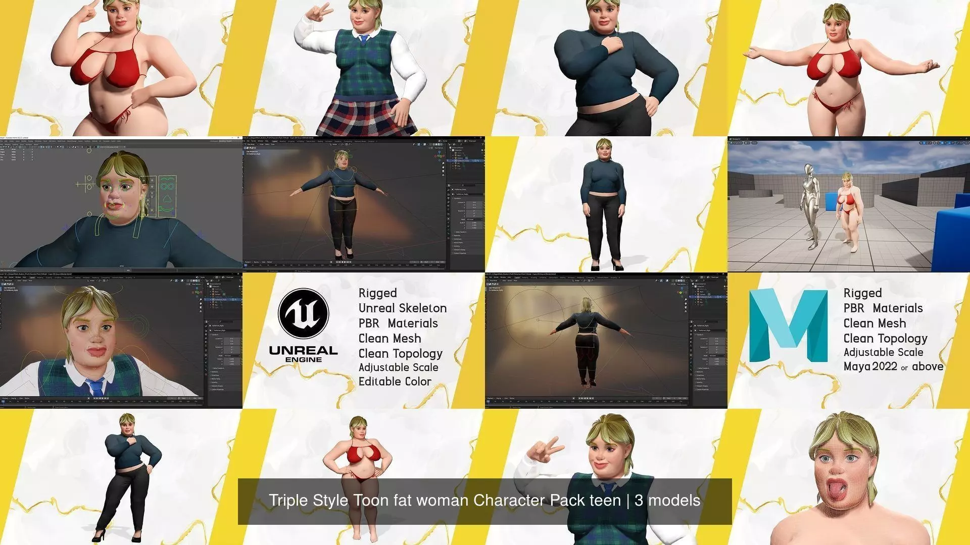 Triple Style Toon fat woman Character Pack teen 3D Model Collection_4