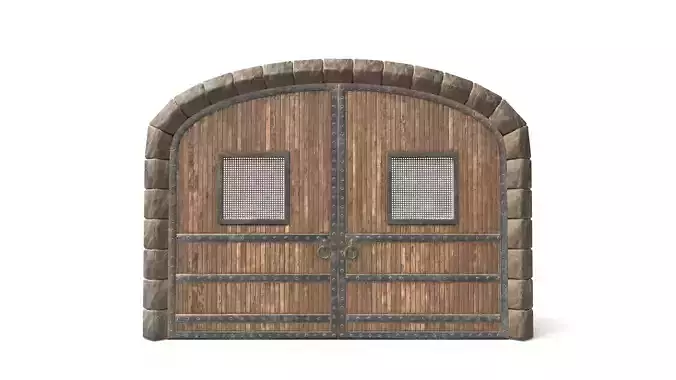 Medieval Wooden Door with Two Square Windows Low-poly 3D model