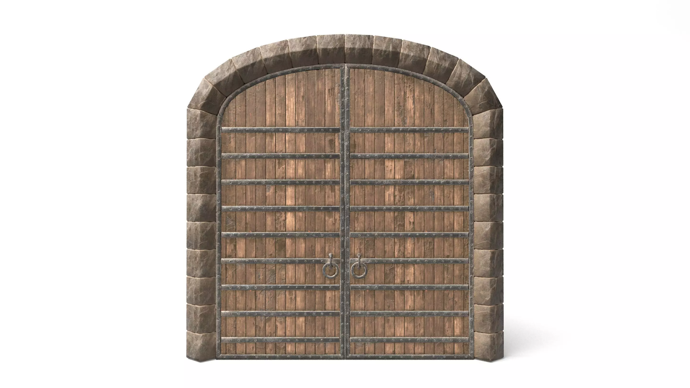 Medieval Wooden Double Door with Metal Straps 3D model_0