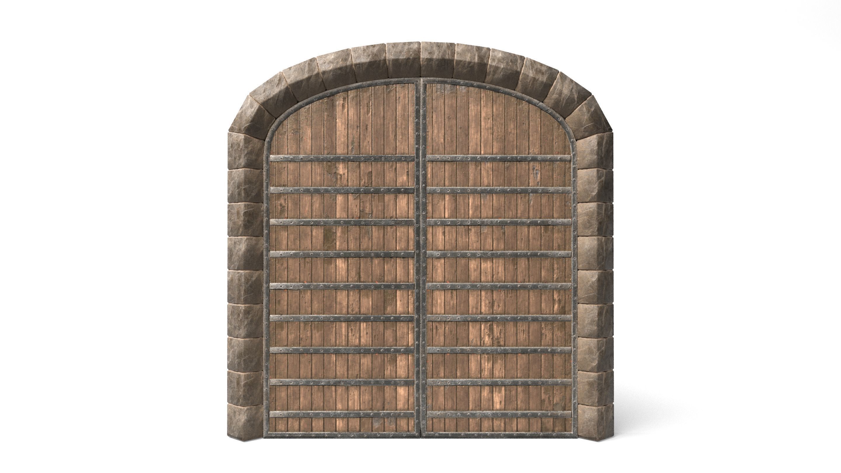 Medieval Wooden Double Door with Metal Straps 3D model_4