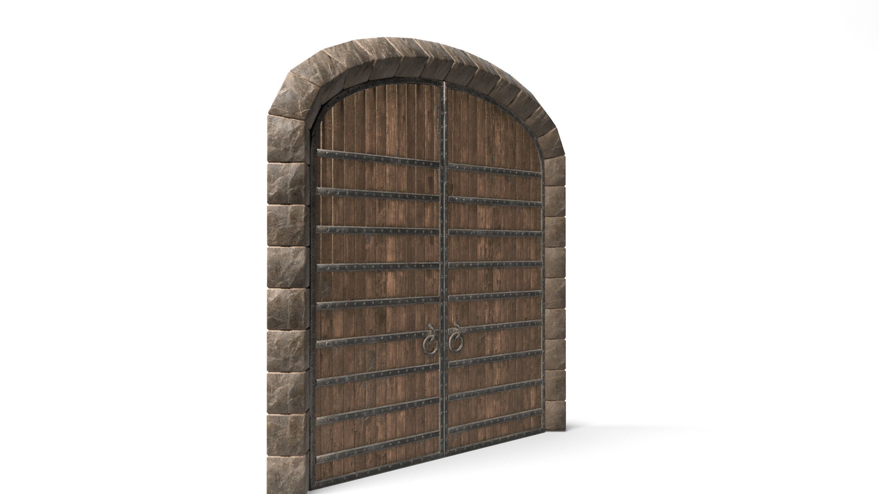 Medieval Wooden Double Door with Metal Straps 3D model_1