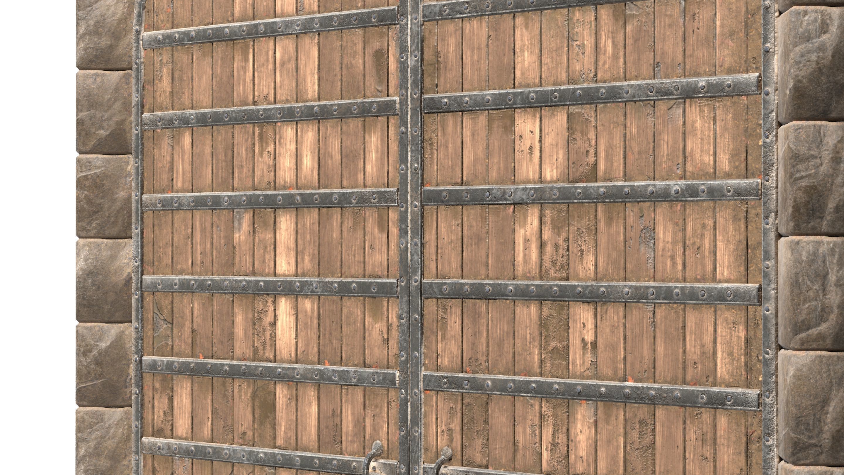 Medieval Wooden Double Door with Metal Straps 3D model_7