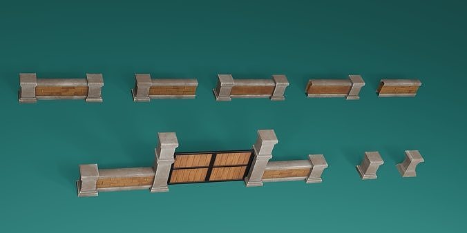 Stylized Low Poly Stone Fence and Gate Low-poly 3D model