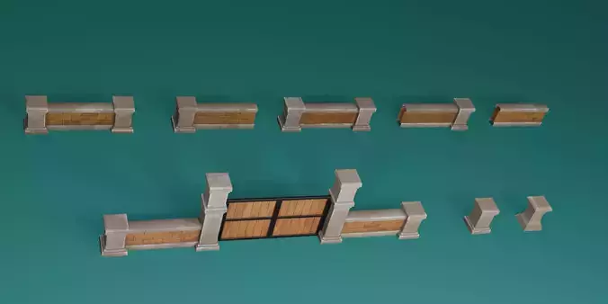 Stylized Low Poly Stone Fence and Gate