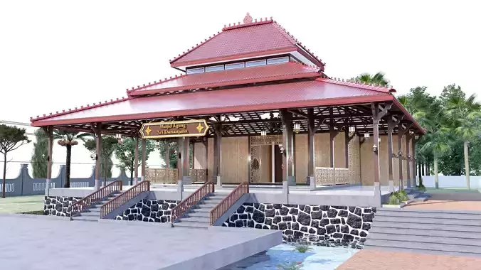 Traditional wooden mosque prayer room 