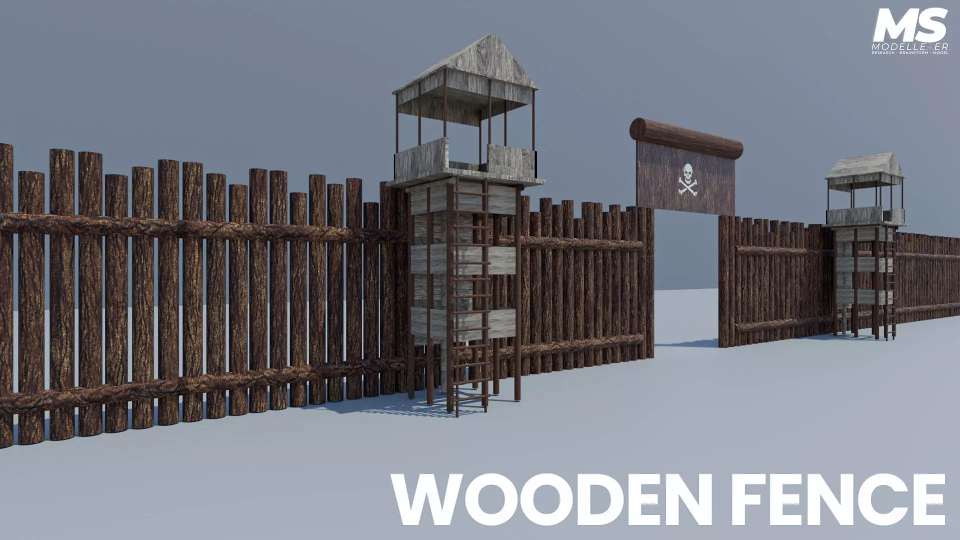 Wooden Security Fence 3D Model Low-poly 3D model
