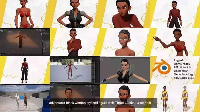 adventurer black woman stylized figure with Three Outfits
