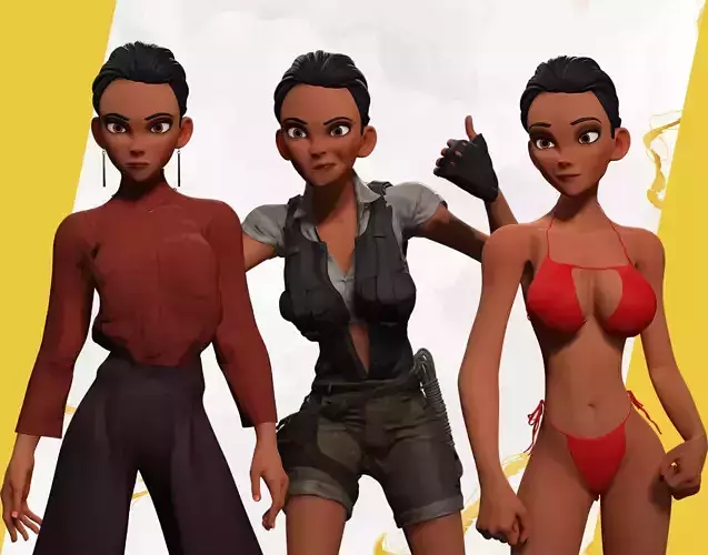 adventurer black woman stylized figure with Three Outfits 3D Model Collection