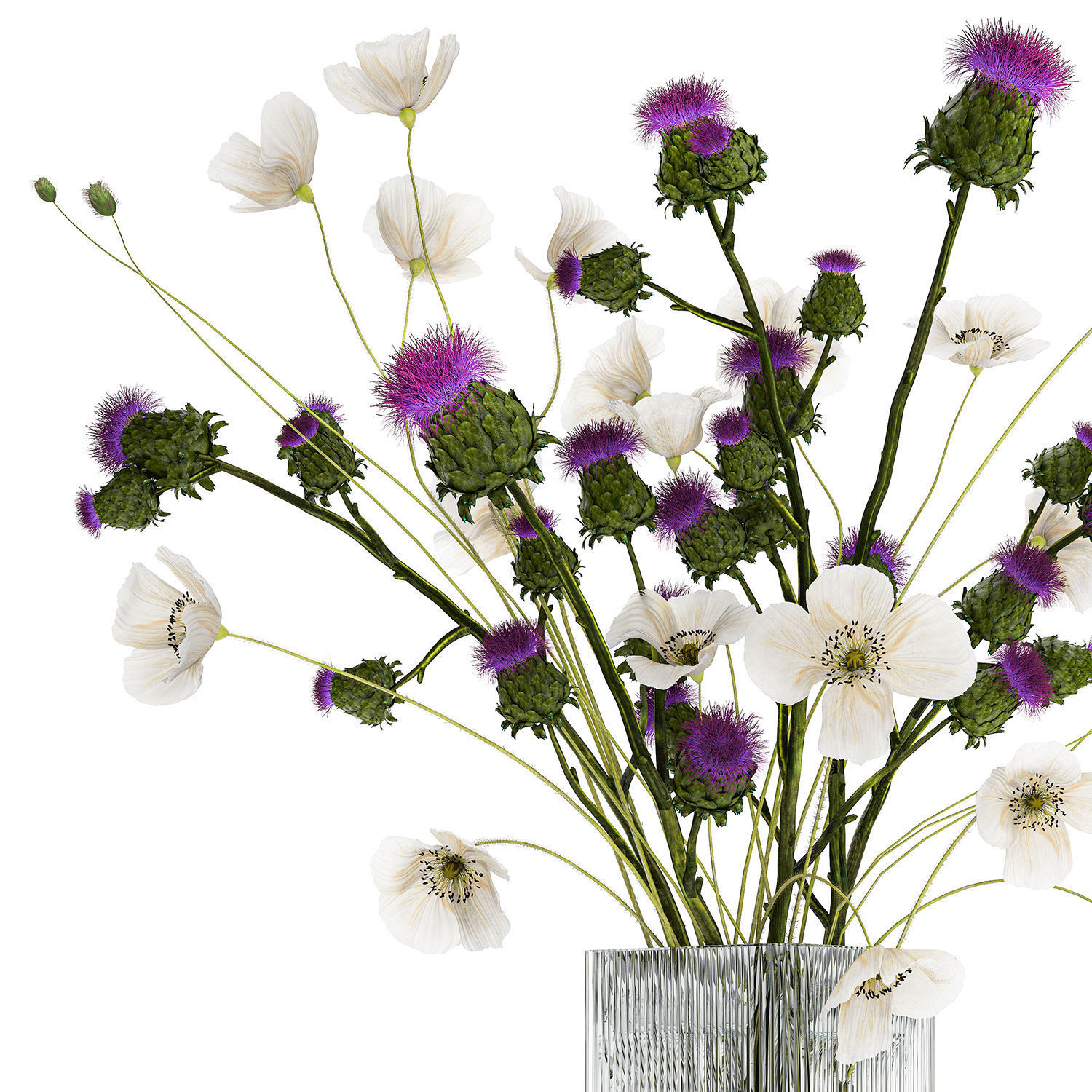 Bouquet Of White Wild Flowers in a vase Poppy Thistle 451 3D model_11