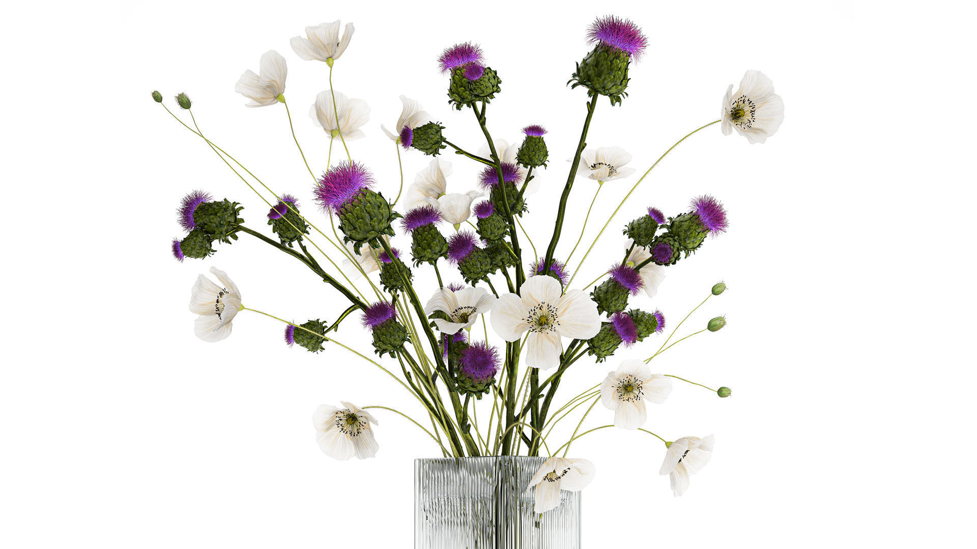 Bouquet Of White Wild Flowers in a vase Poppy Thistle 451 3D model_7