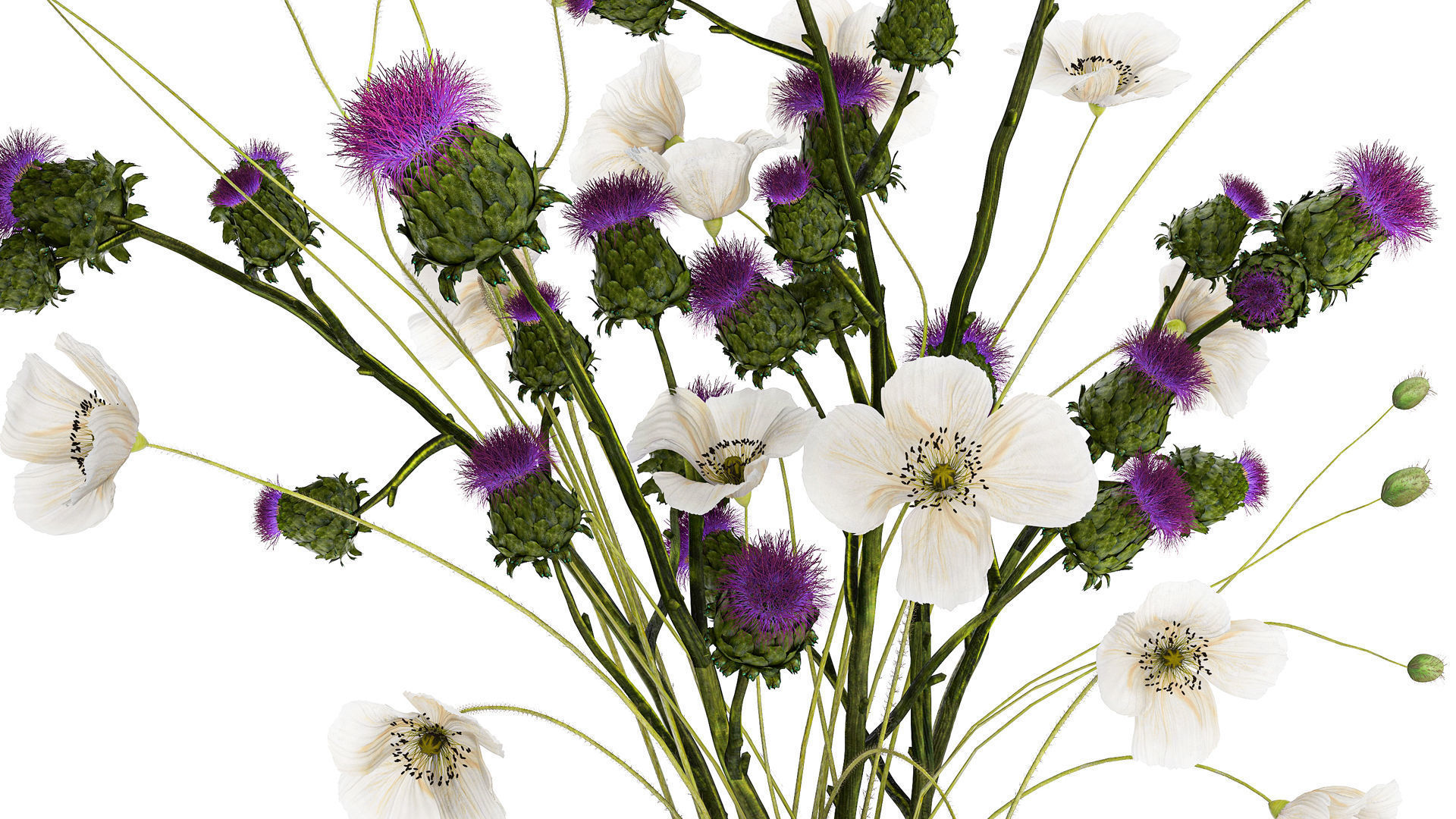 Bouquet Of White Wild Flowers in a vase Poppy Thistle 451 3D model_3