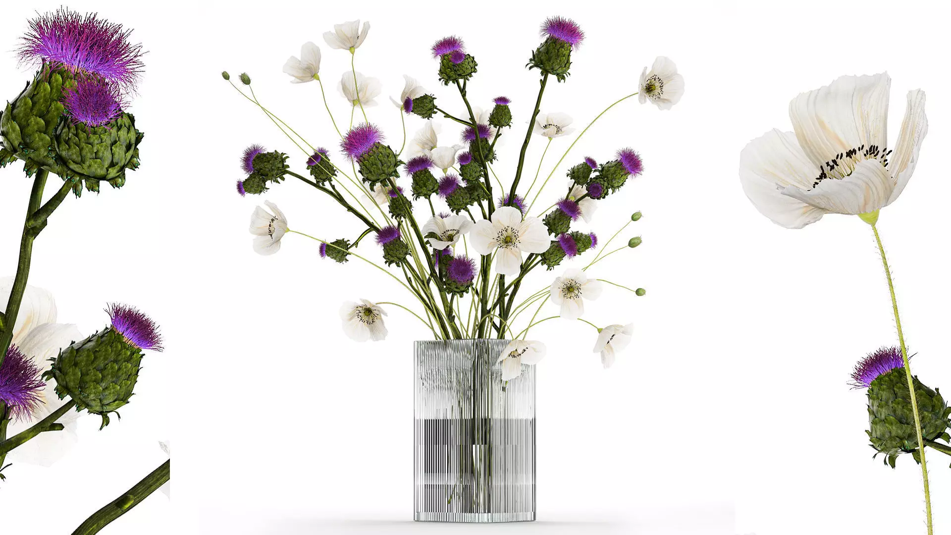 Bouquet Of White Wild Flowers in a vase Poppy Thistle 451 3D model_0