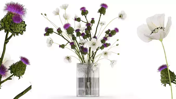 Bouquet Of White Wild Flowers in a vase Poppy Thistle 451 3D model