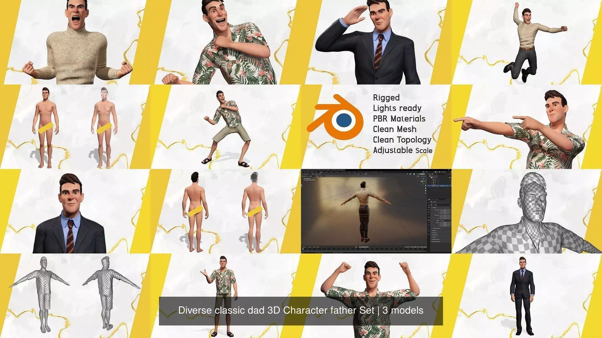 Diverse classic dad 3D Character father Set 3D Model Collection_4