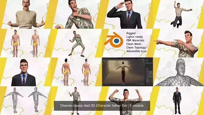 Diverse classic dad 3D Character father Set