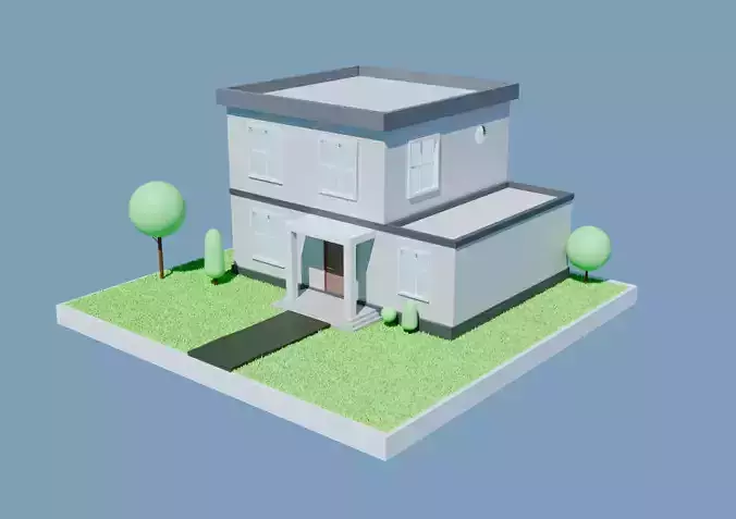 Low poly model of a modern two-story home with minimalist design